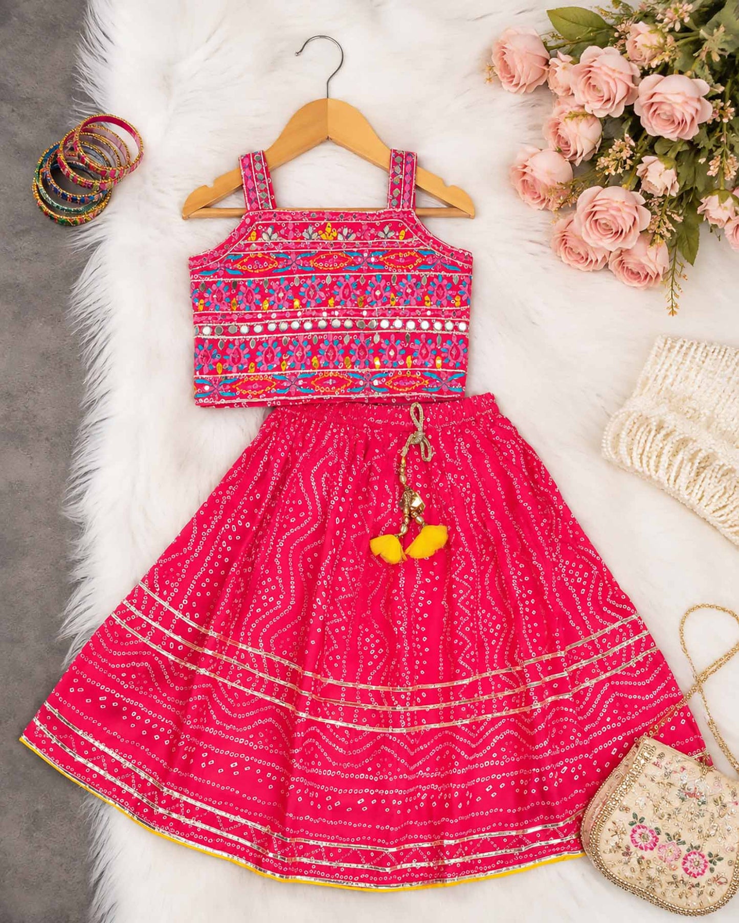 Embroidered Crop Top & Bandhani Skirt Style Lehenga Set