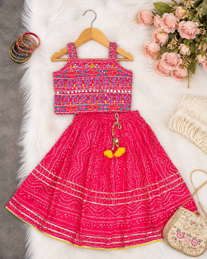 Embroidered Crop Top & Bandhani Skirt Style Lehenga Set
