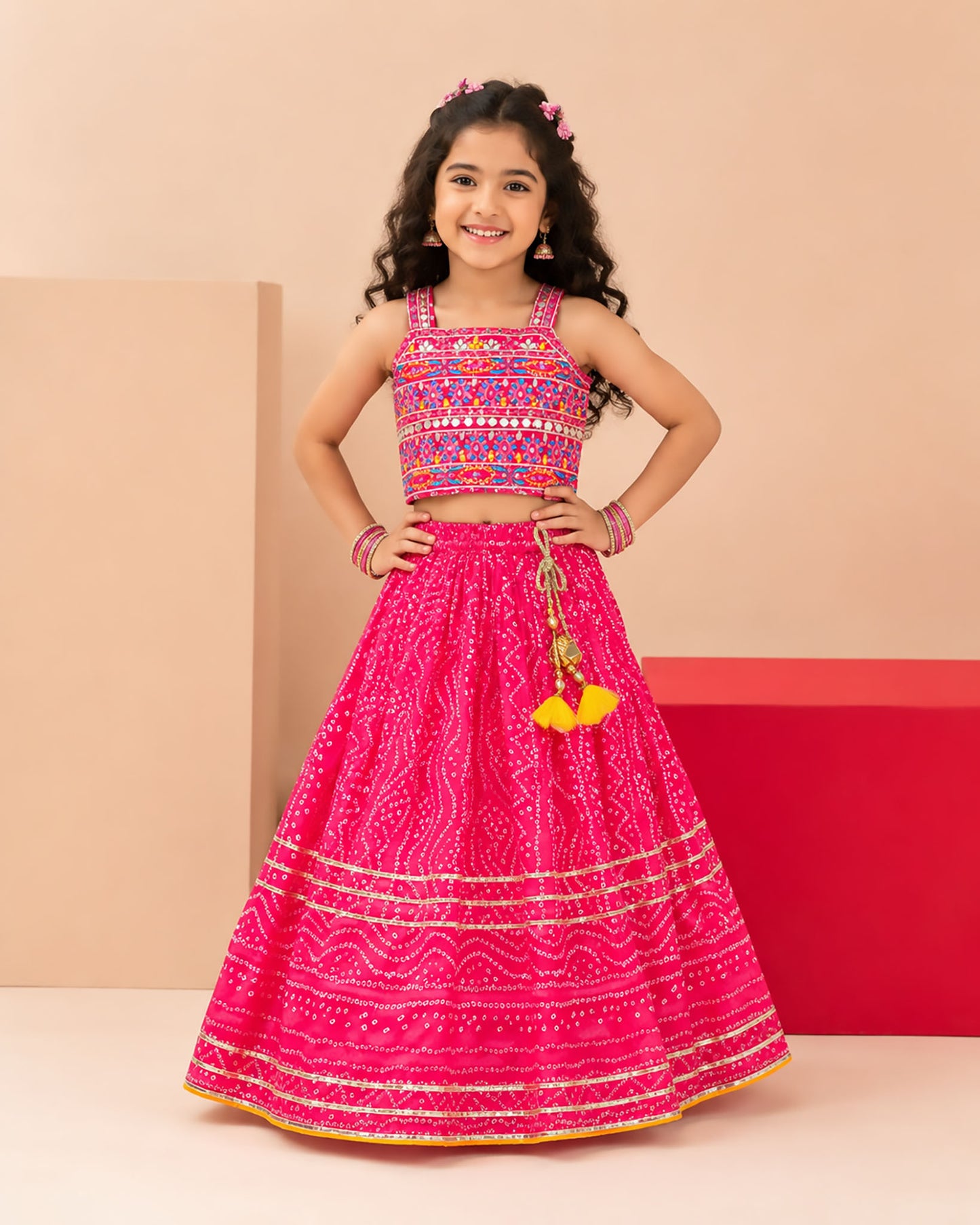 Embroidered Crop Top & Bandhani Skirt Style Lehenga Set