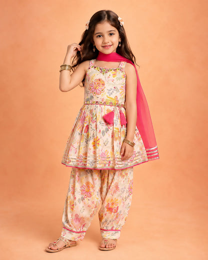 Folk Floral Peplum Sleeveless Kurti & Patiala Set
