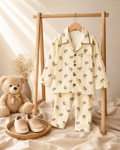 Puppy Vertical Stripe Printed Crinkled Muslin Night Suit
