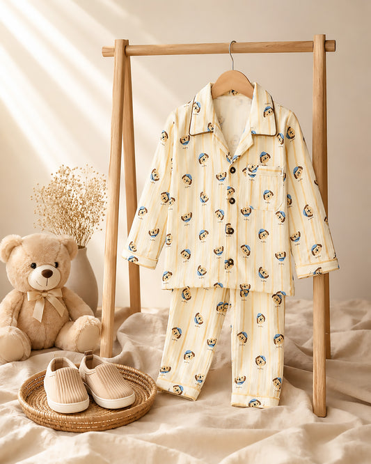 Puppy Vertical Stripe Printed Crinkled Muslin Night Suit
