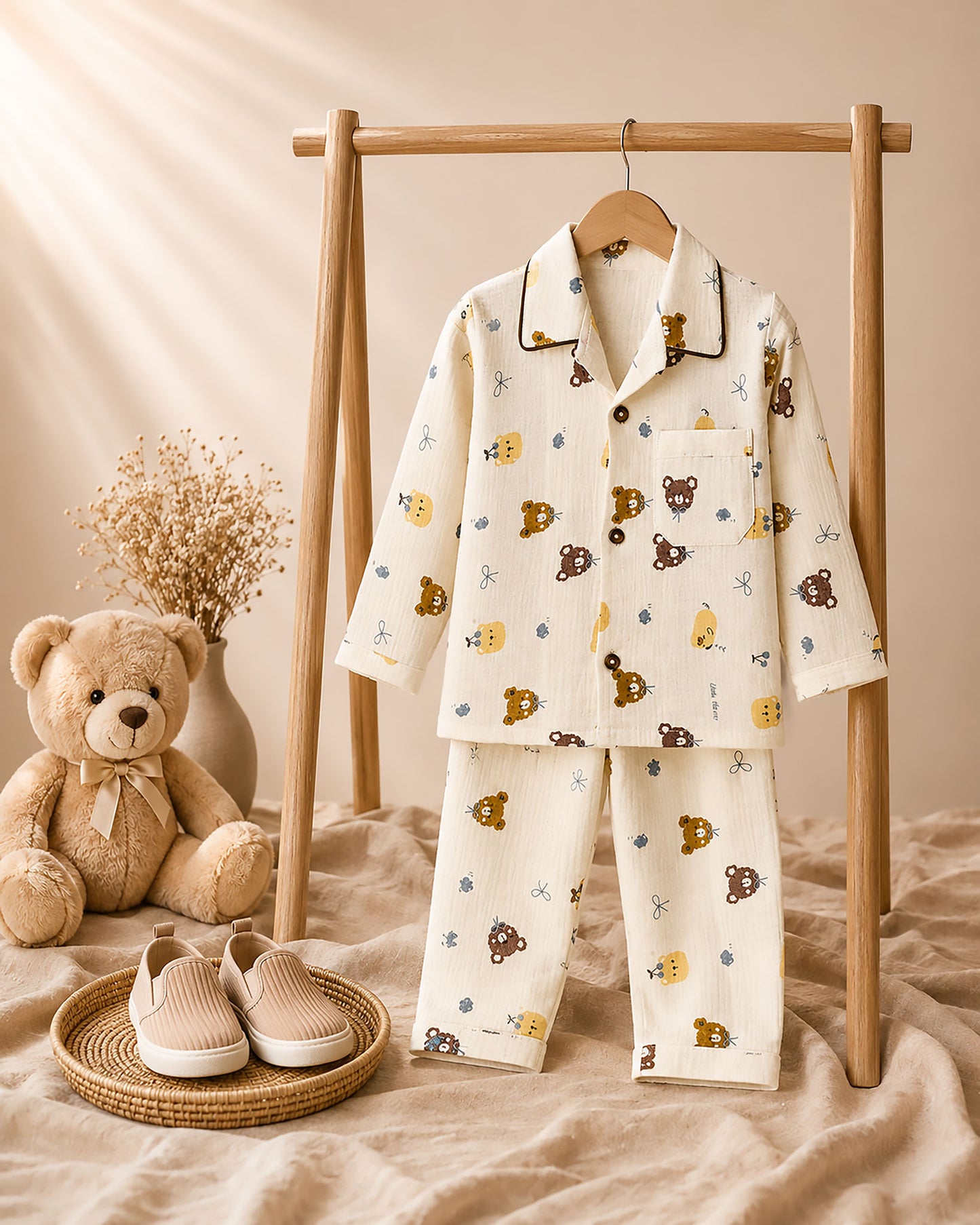 Bow Bear Berry Printed Crinkled Muslin Night Suit