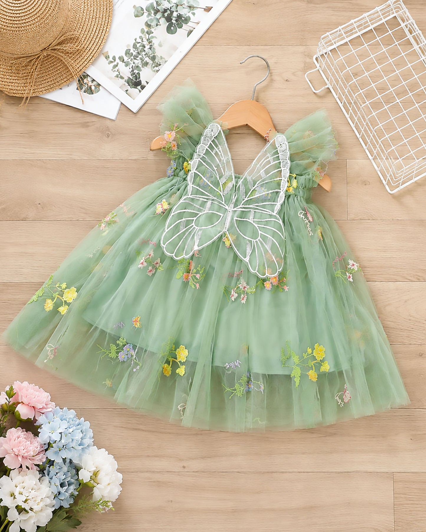 Flower Embroidered Tulle Frock With Butterfly Details