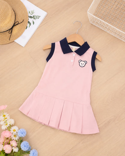 Bear Face Appliqued Tennis Dress With Contrasting Collar