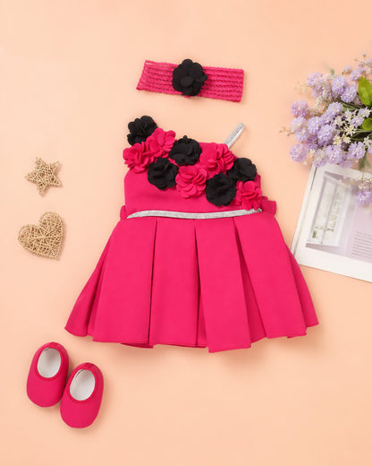 Floral Applique Off-Shoulder Party Wear Frock With Headband
