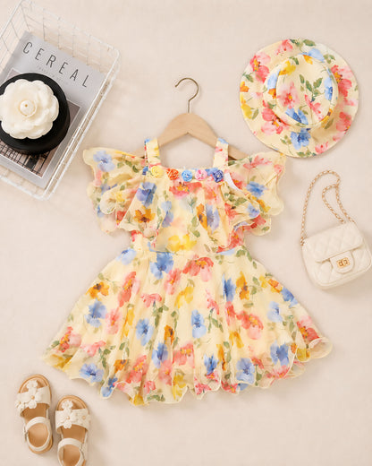 Multicolour Floral Printed Sleeveless Dress With Hat