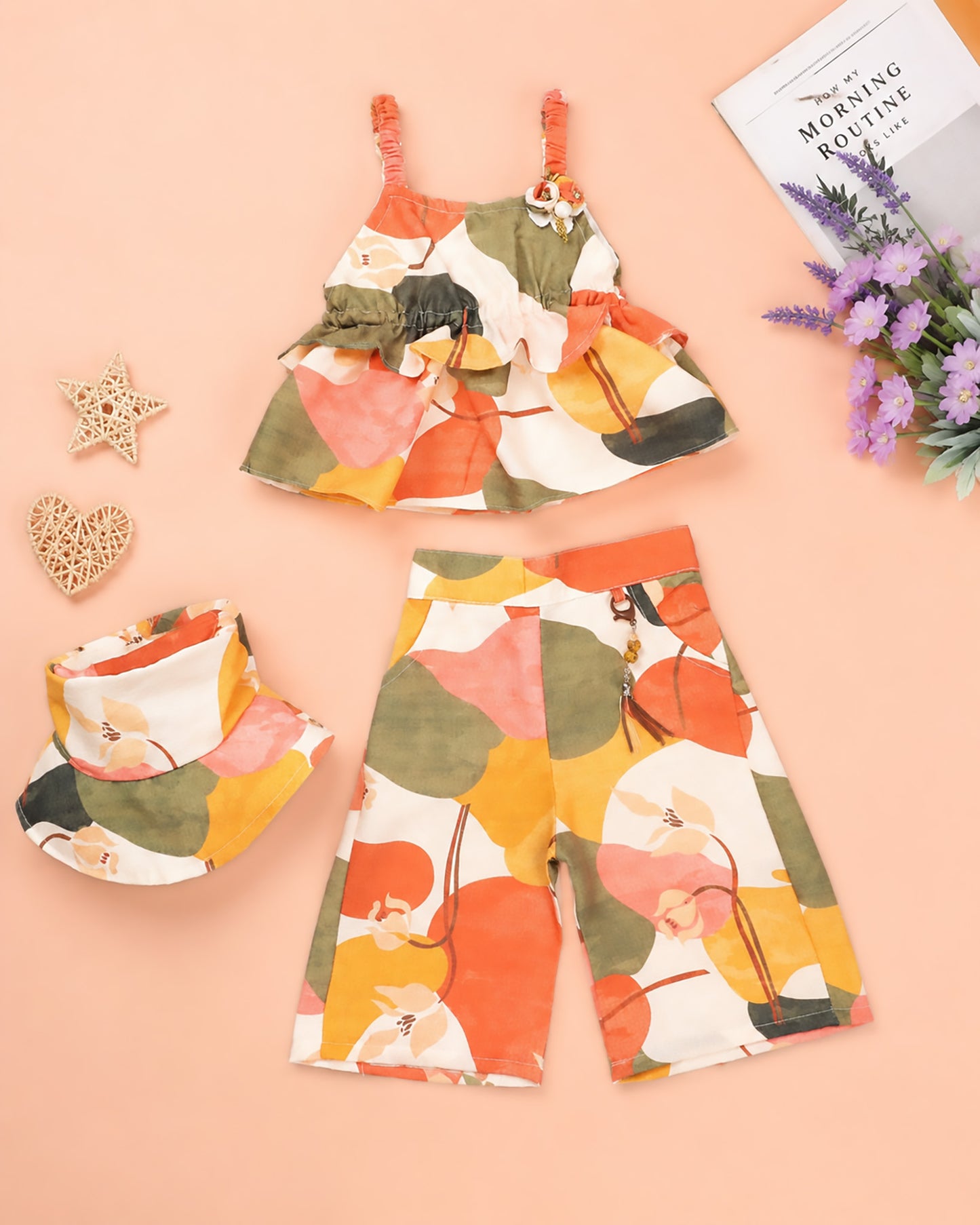 Water Abstract Printed Peplum Top With 3/4 Pant & Hat