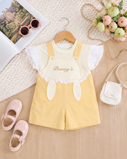 Bunny Printed T-Shirt / Dungaree Set - Lemon / Mango