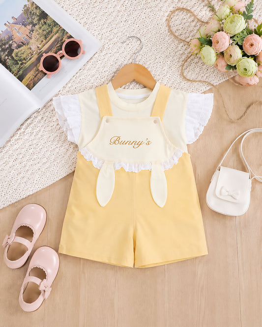 Bunny Printed T-Shirt / Dungaree Set - Lemon / Mango
