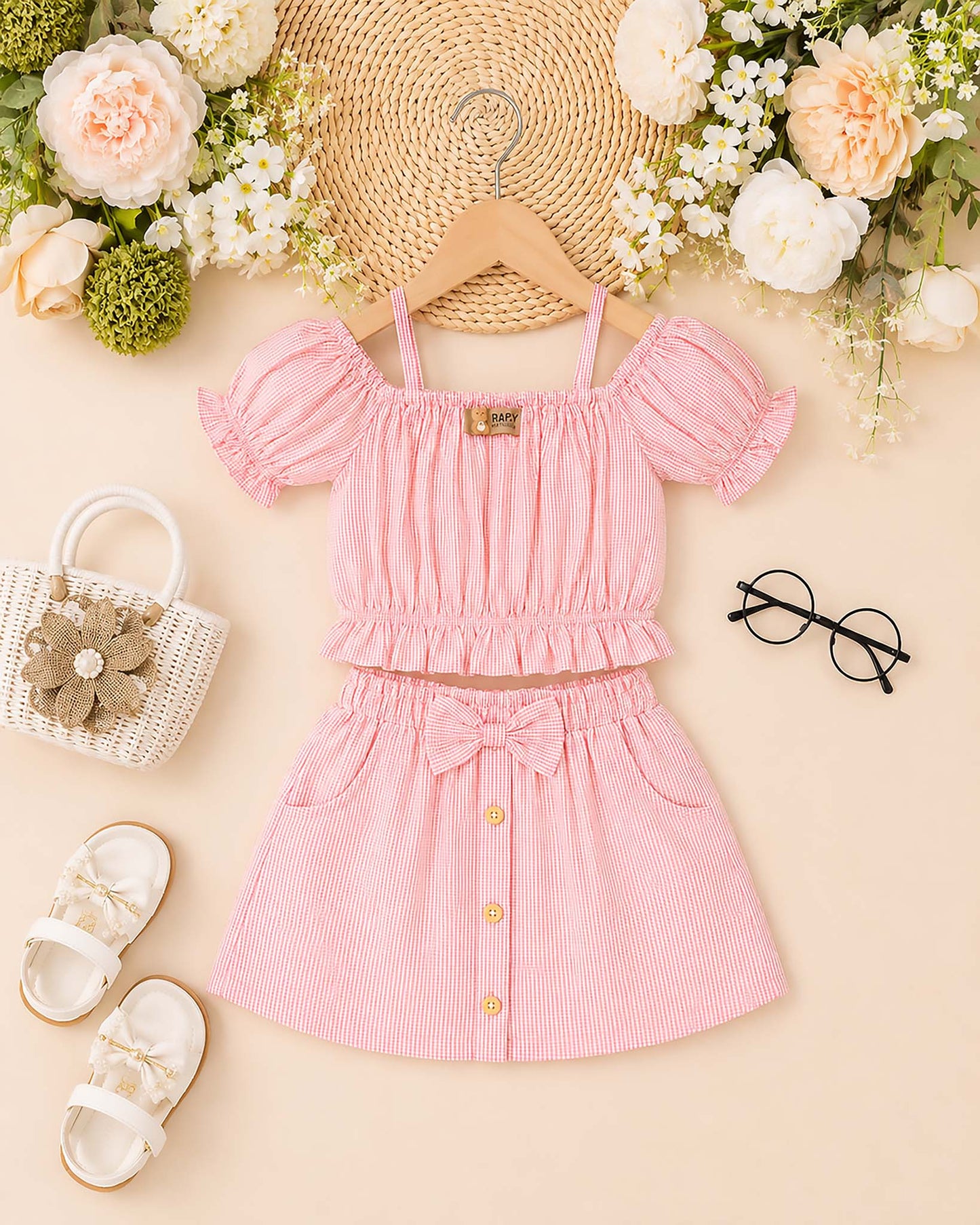 Drop Shoulder Check Textured Blouse & Skirt With Bow Detail
