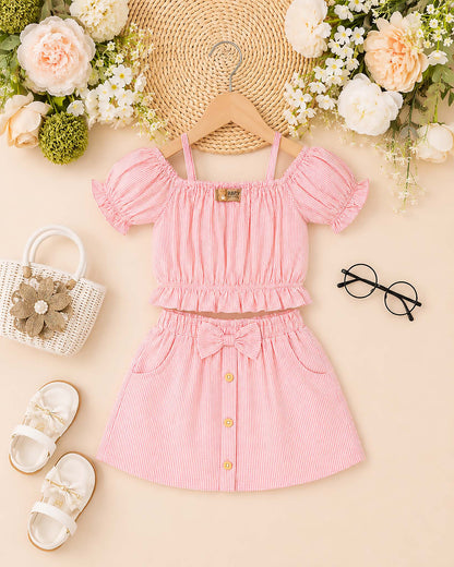 Drop Shoulder Check Textured Blouse & Skirt With Bow Detail