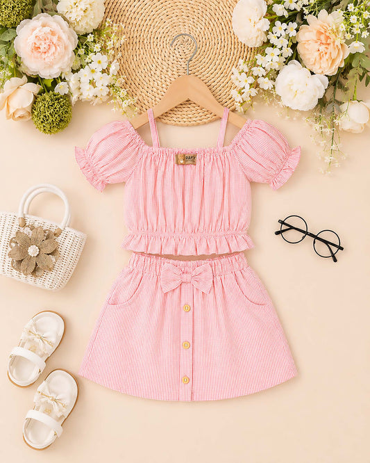 Drop Shoulder Check Textured Blouse & Skirt With Bow Detail