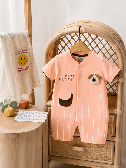 Cute Puppy Toy Appliqued Half Sleeve Romper