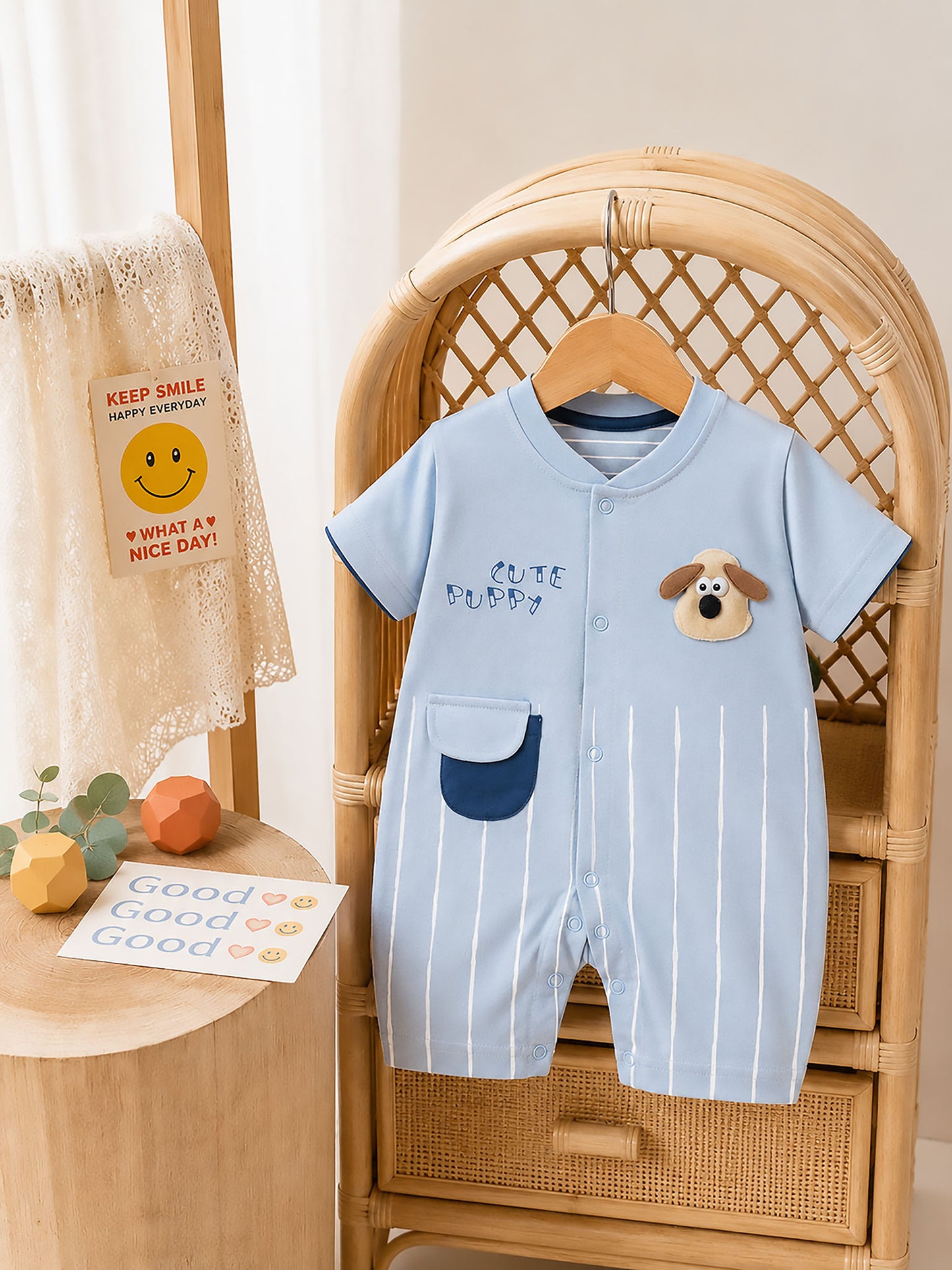 Cute Puppy Toy Appliqued Half Sleeve Romper
