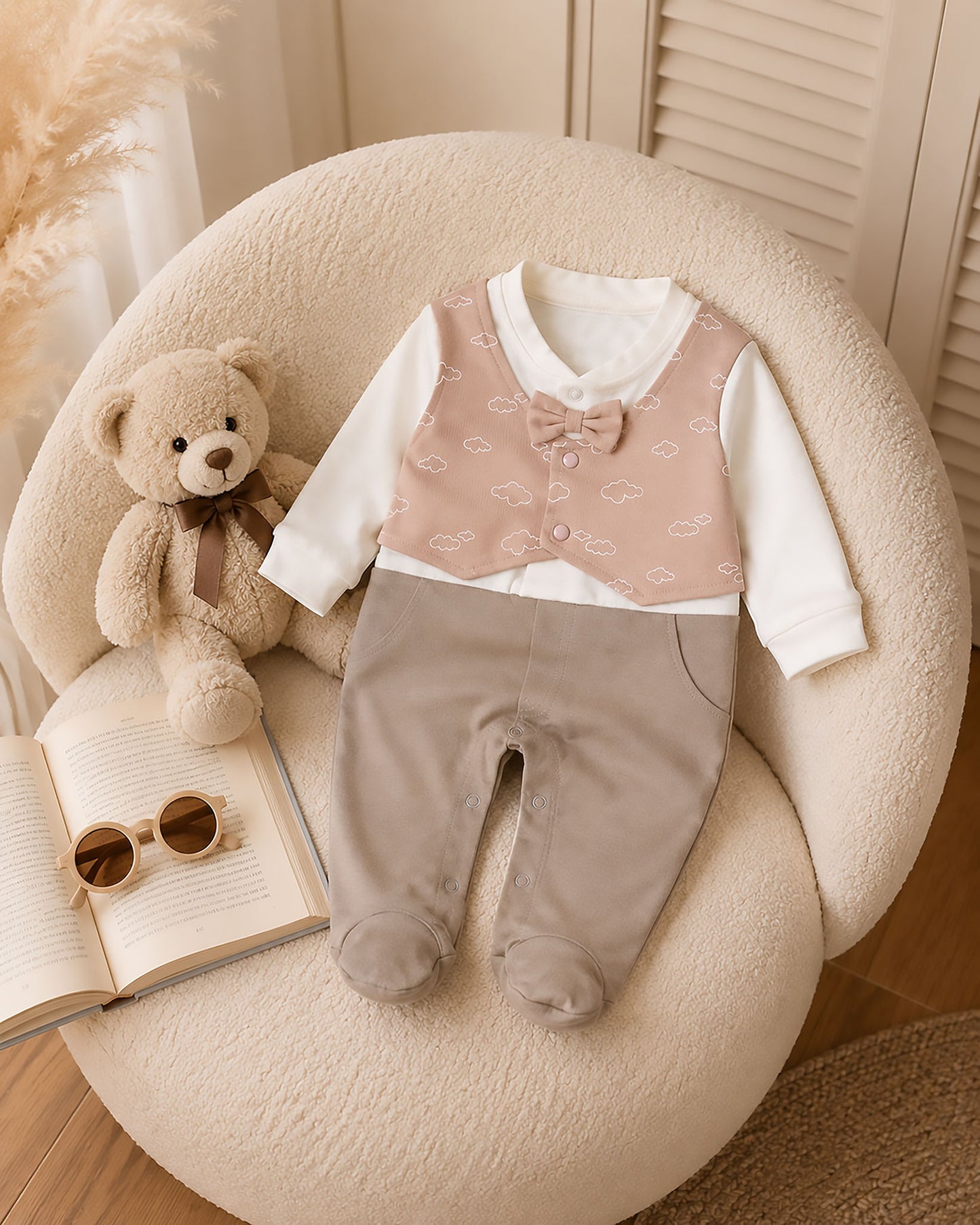 Cloud Printed Romper With Bow Tie