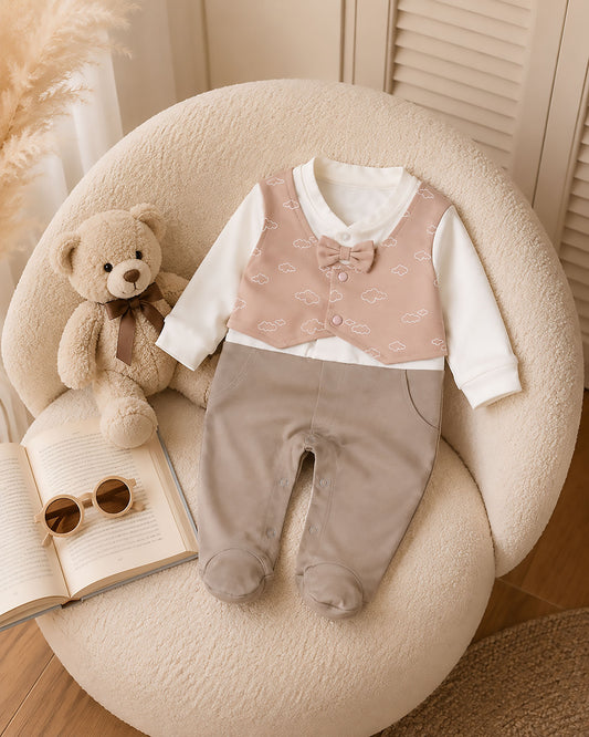 Cloud Printed Romper With Bow Tie