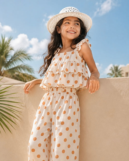 Pola Dot Printed Flare Crop-Top With Trouser Dress