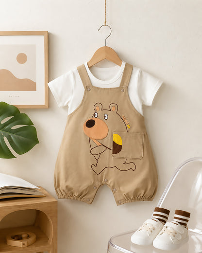 Aged To Bear Printed Appliqued Organic Cotton Dungaree Set