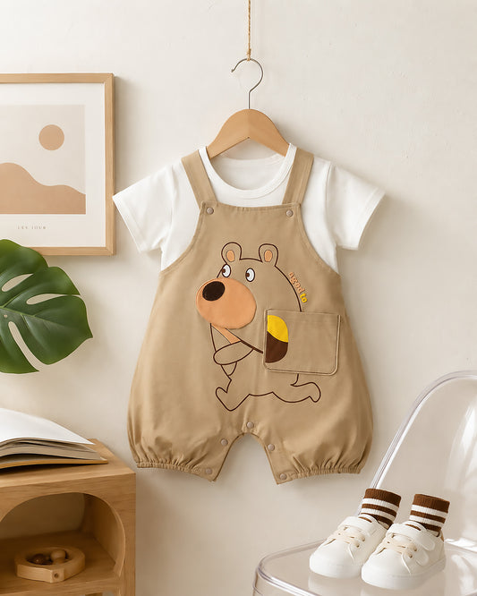 Aged To Bear Printed Appliqued Organic Cotton Dungaree Set