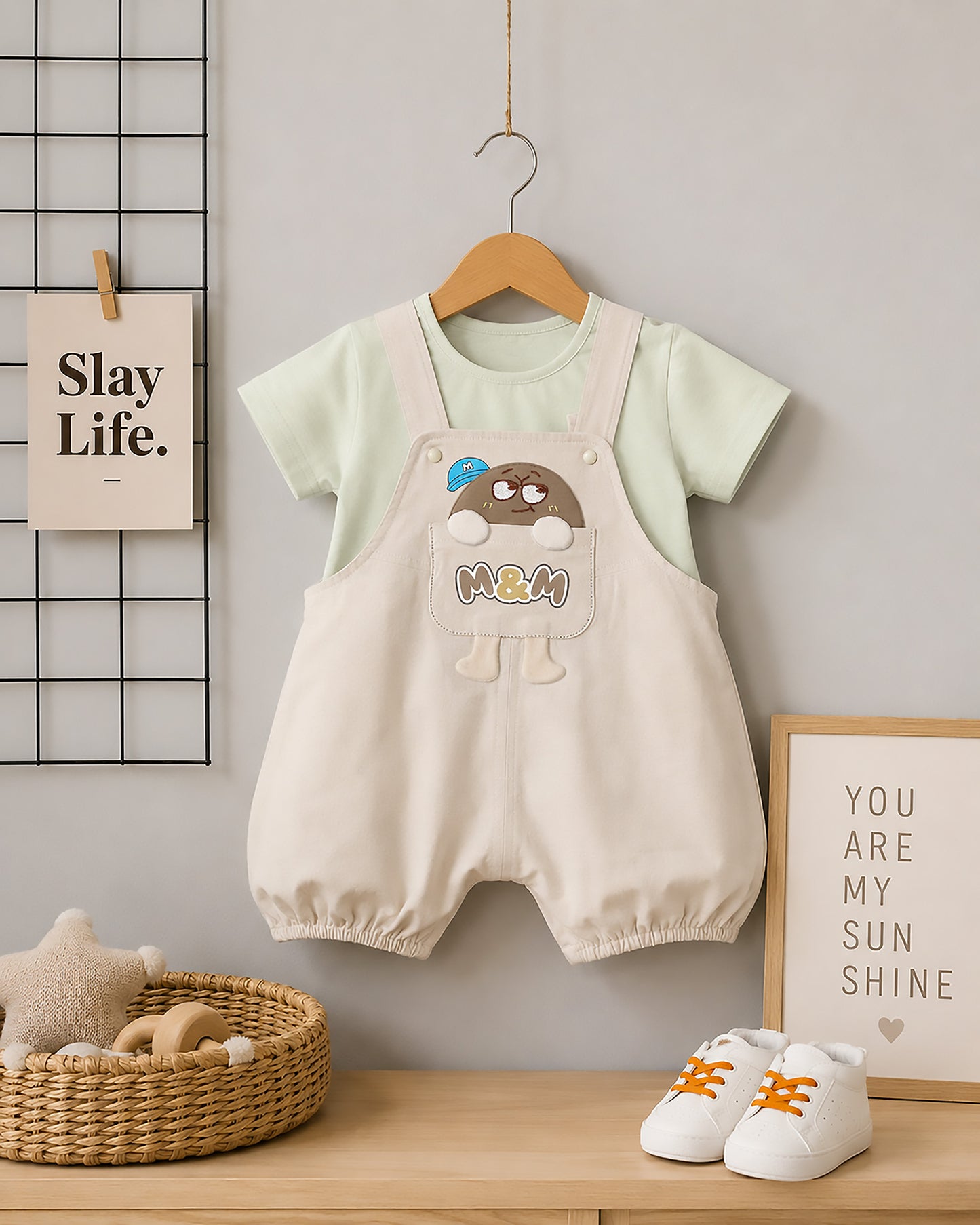 M&M Printed Appliqued Organic Cotton Dungaree Set