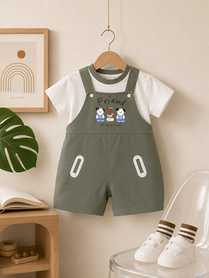 Bear Friends Printed T-Shirt / Dungaree Set