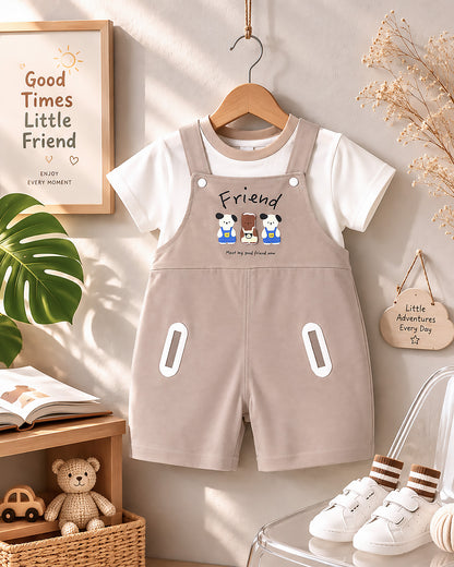 Bear Friends Printed T-Shirt / Dungaree Set