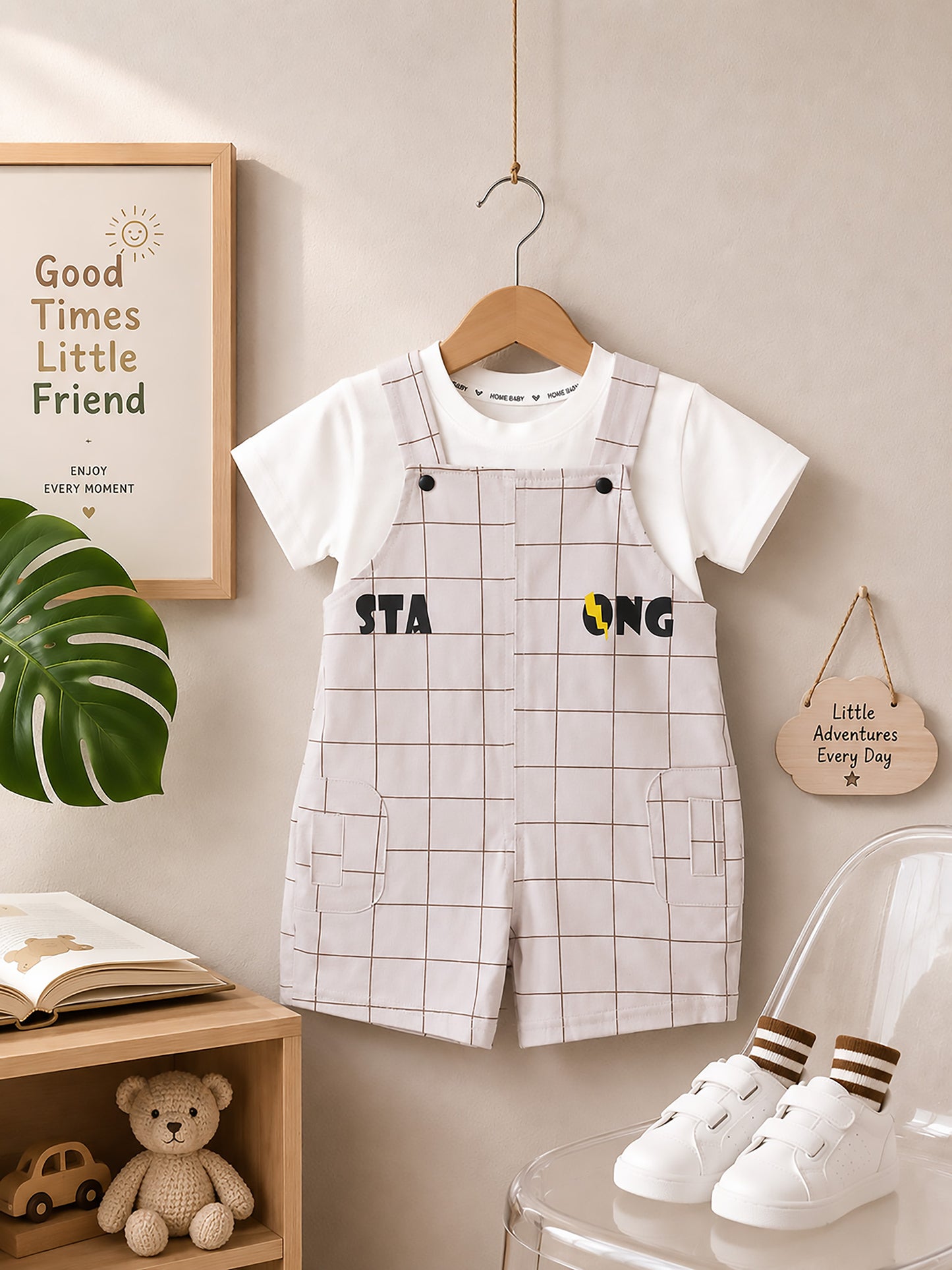 Stay Real T-Shirt With Check Printed Dungaree