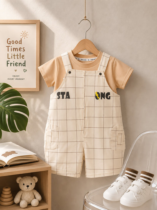 Stay Real T-Shirt With Check Printed Dungaree