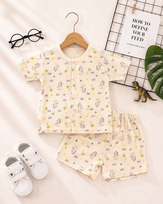 Cute Dino Printed Bamboo Muslin Half Sleeve Night Suit