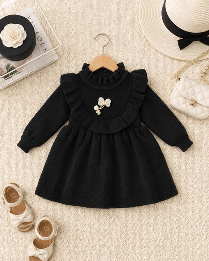 Ruffled Collar Ribbed Sweater Frock Dress