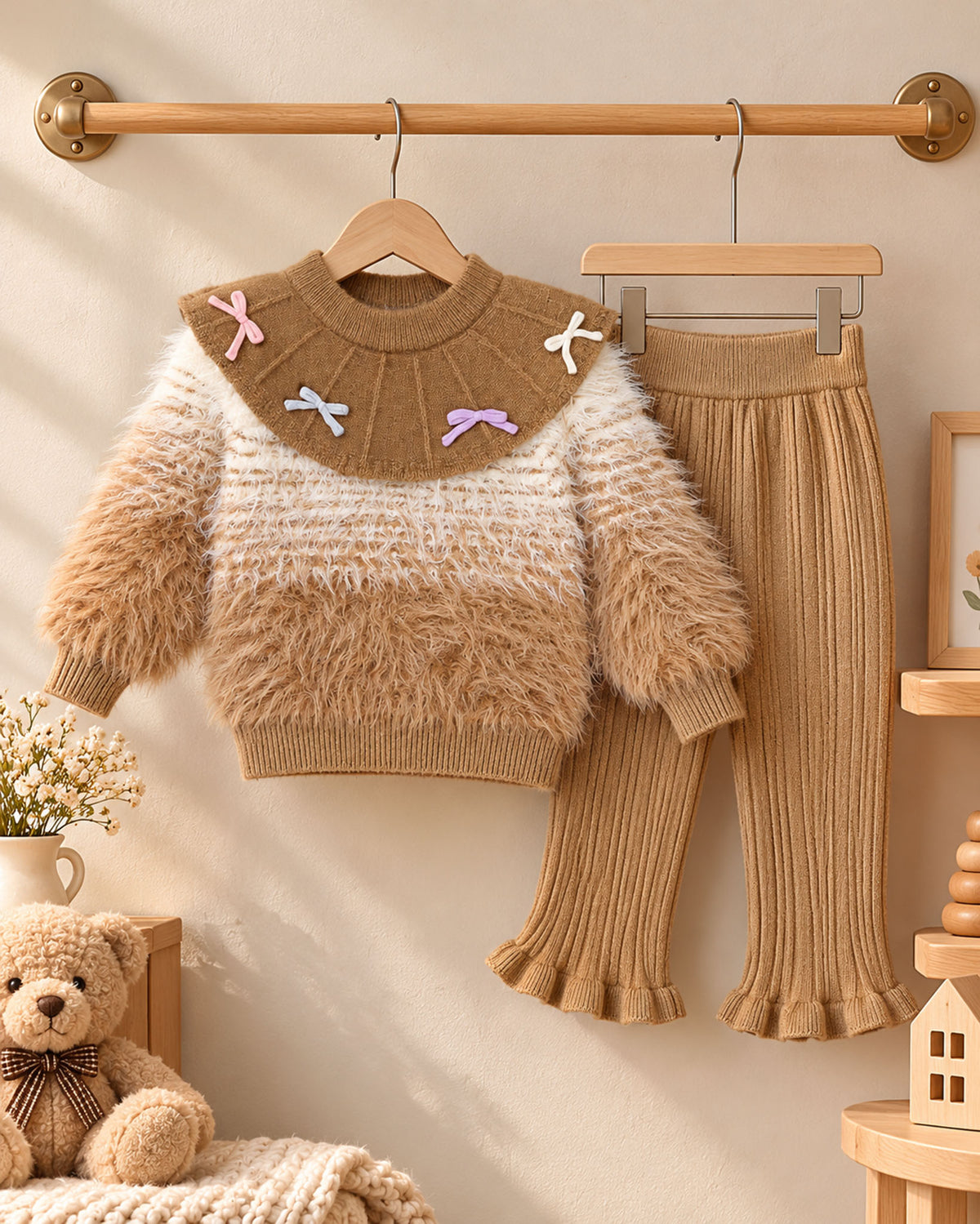 Cape Collar Fur-Textured Co-Ord With Colorful Ribbon