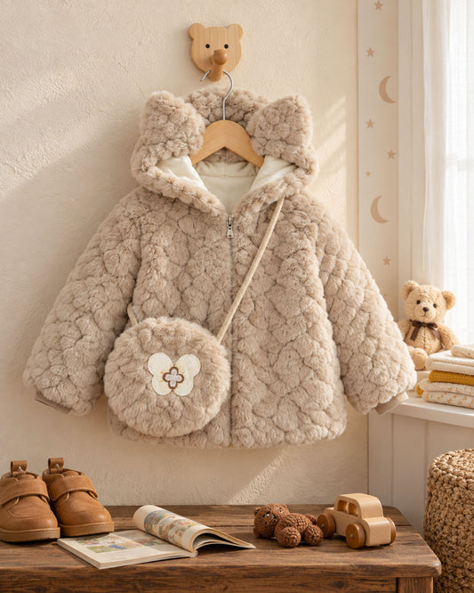 Cat Ears Textured Fur Fleeced Jacket With Sling Bag