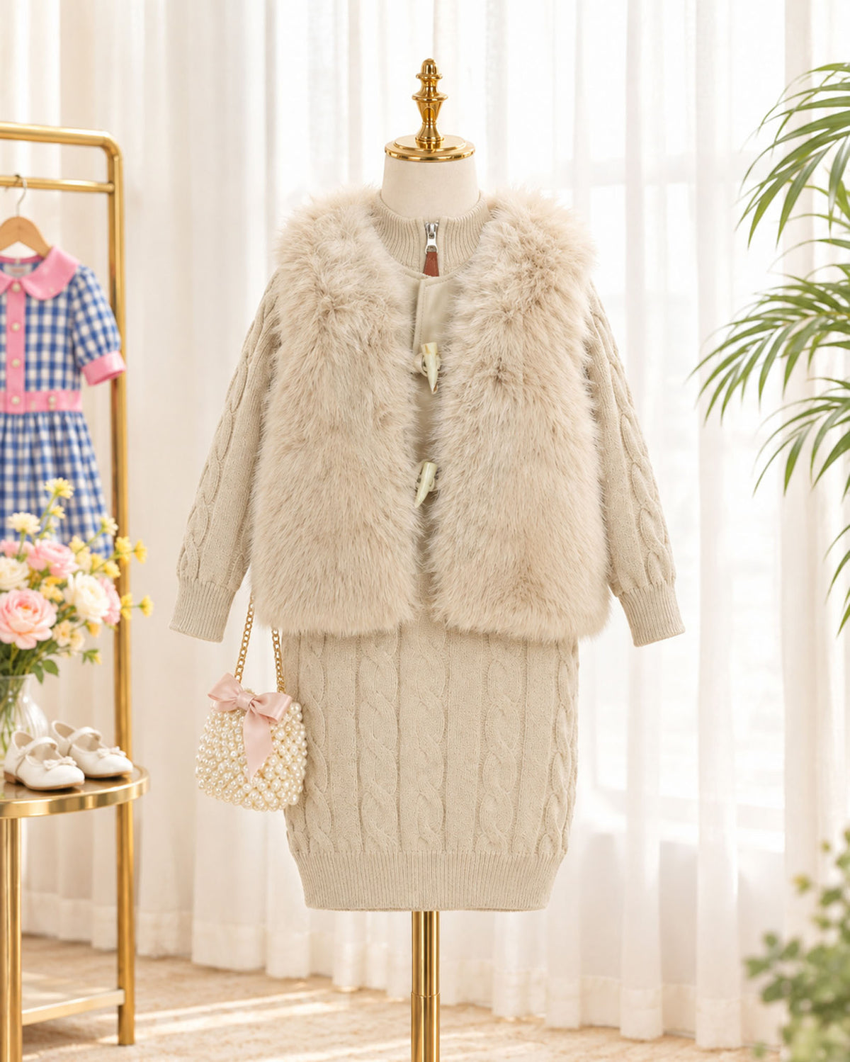 Cable Kint Sweater Midi Dress With Sleeveless Vintage Fur Jacket