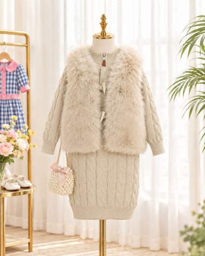 Cable Kint Sweater Midi Dress With Sleeveless Vintage Fur Jacket