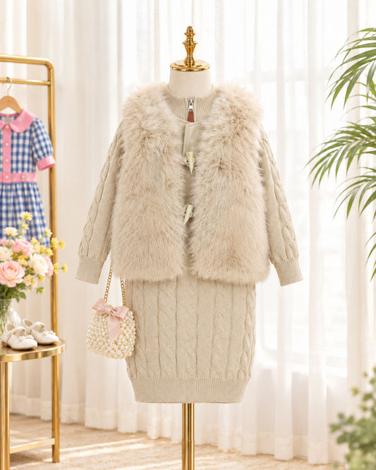 Cable Kint Sweater Midi Dress With Sleeveless Vintage Fur Jacket