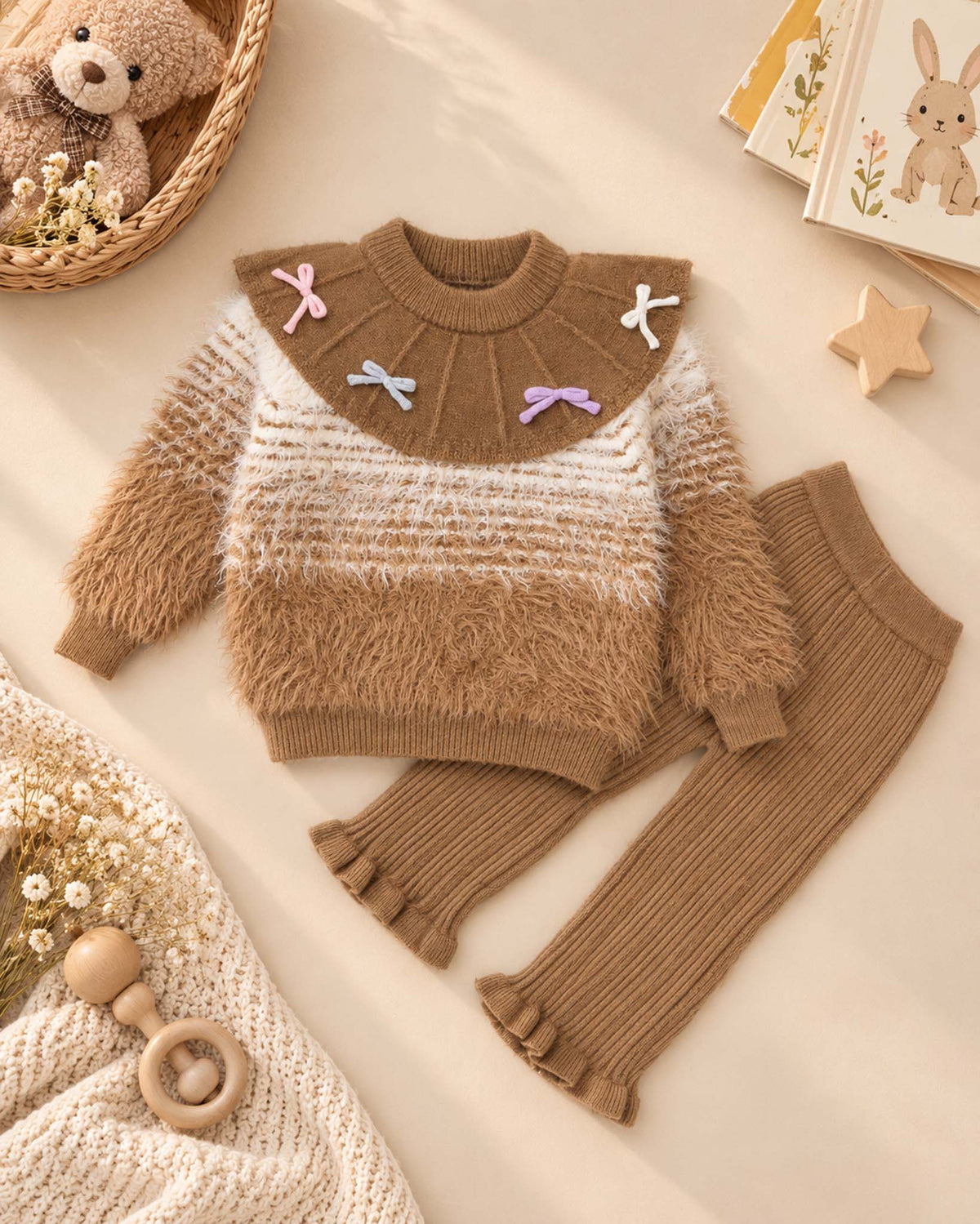 Cape Collar Fur-Textured Co-Ord With Colorful Ribbon
