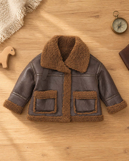 Leather Solid Texture Teddy Fur Jacket With Leather Details