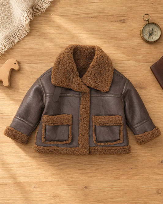 Leather Solid Texture Teddy Fur Jacket With Leather Details