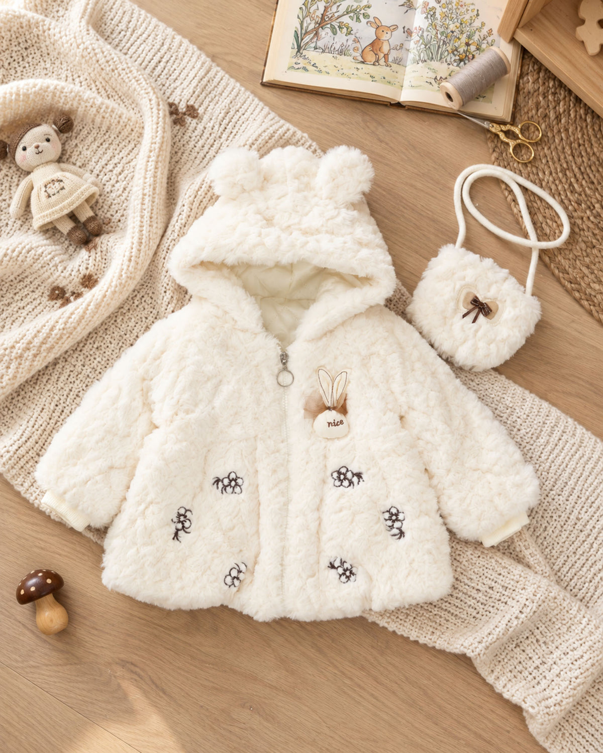 Flower Embroidered Textured Fur Jacket With Sling Bag