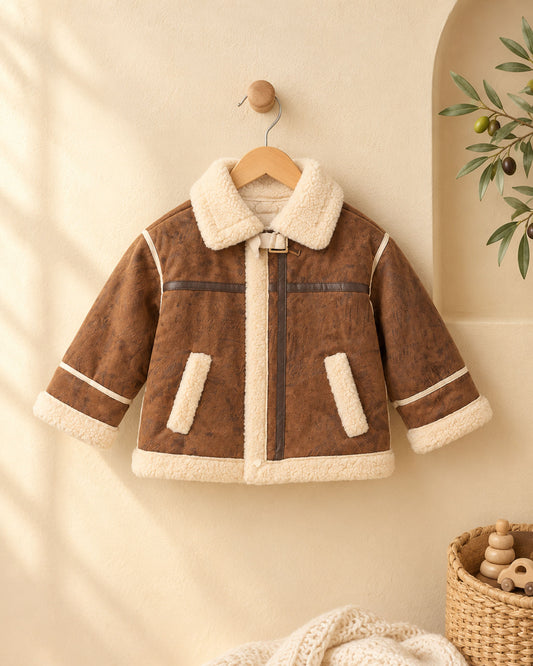 Suede Printed Texture Teddy Fur Jacket With Leather Details