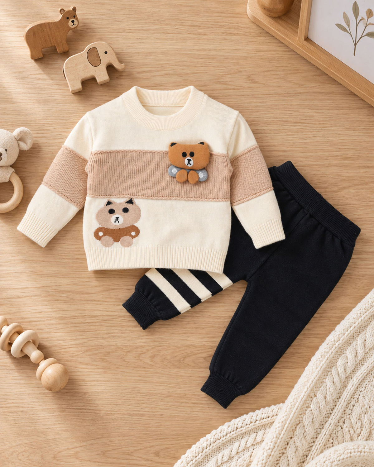 Teddy Bear Toy Appliqued Ribbed Knit Detail Sweater Co-Ord