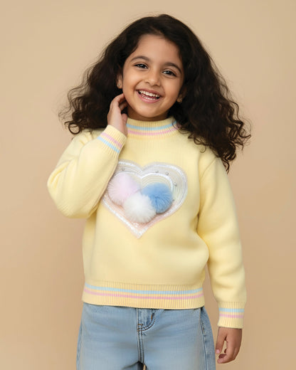 Heart Appliqué Full-Sleeve Pullover Sweater