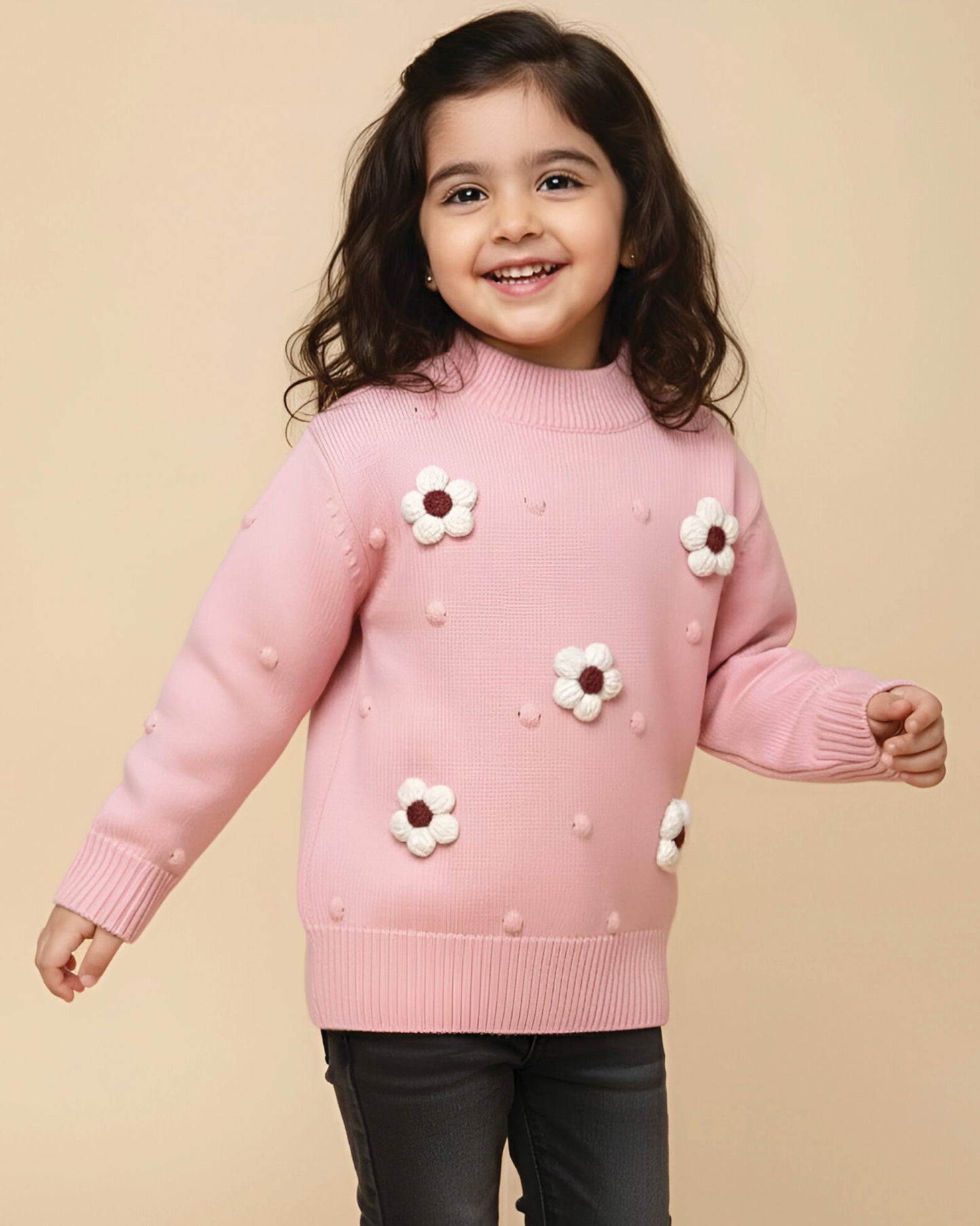 Flower Appliqued Textured Sweater