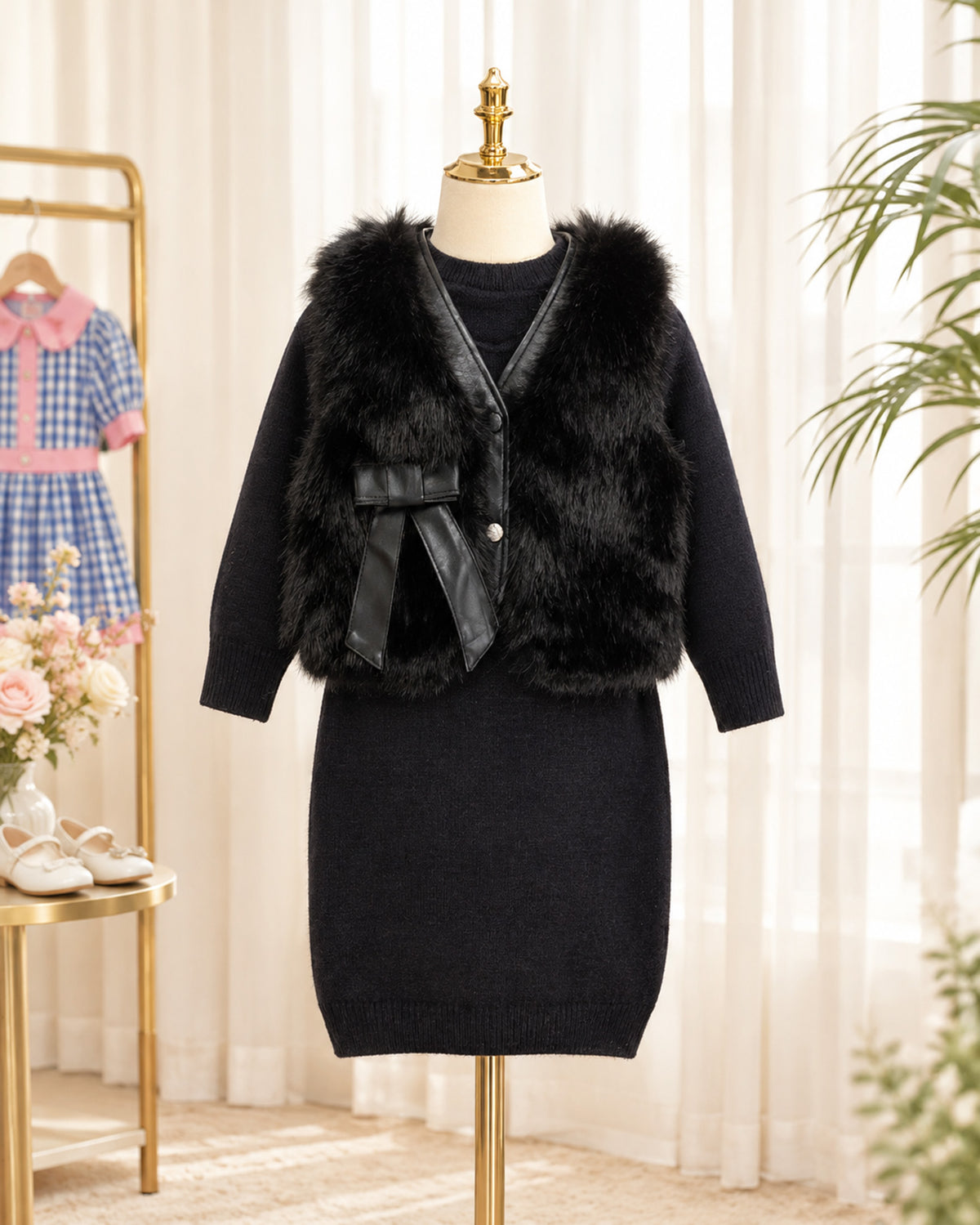 Sailor Collar Sweater Midi Dress With Sleeveless Fur Jacket