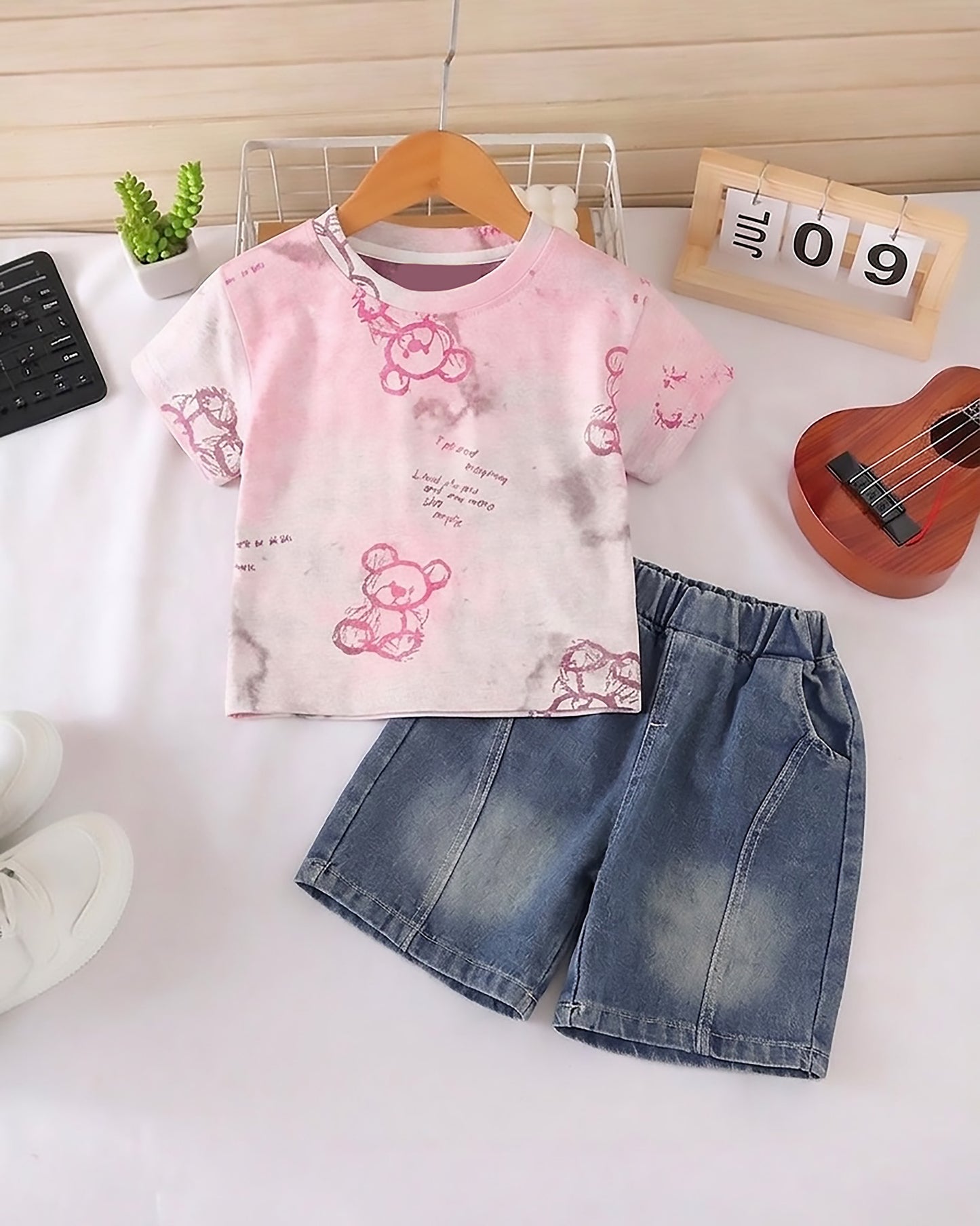 Textured Bear Face Tie-Dye T-Shirt & Denim Co-ord Set
