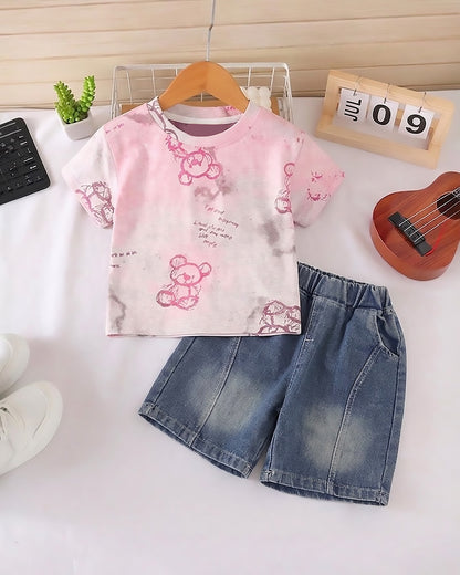 Textured Bear Face Tie-Dye T-Shirt & Denim Co-ord Set