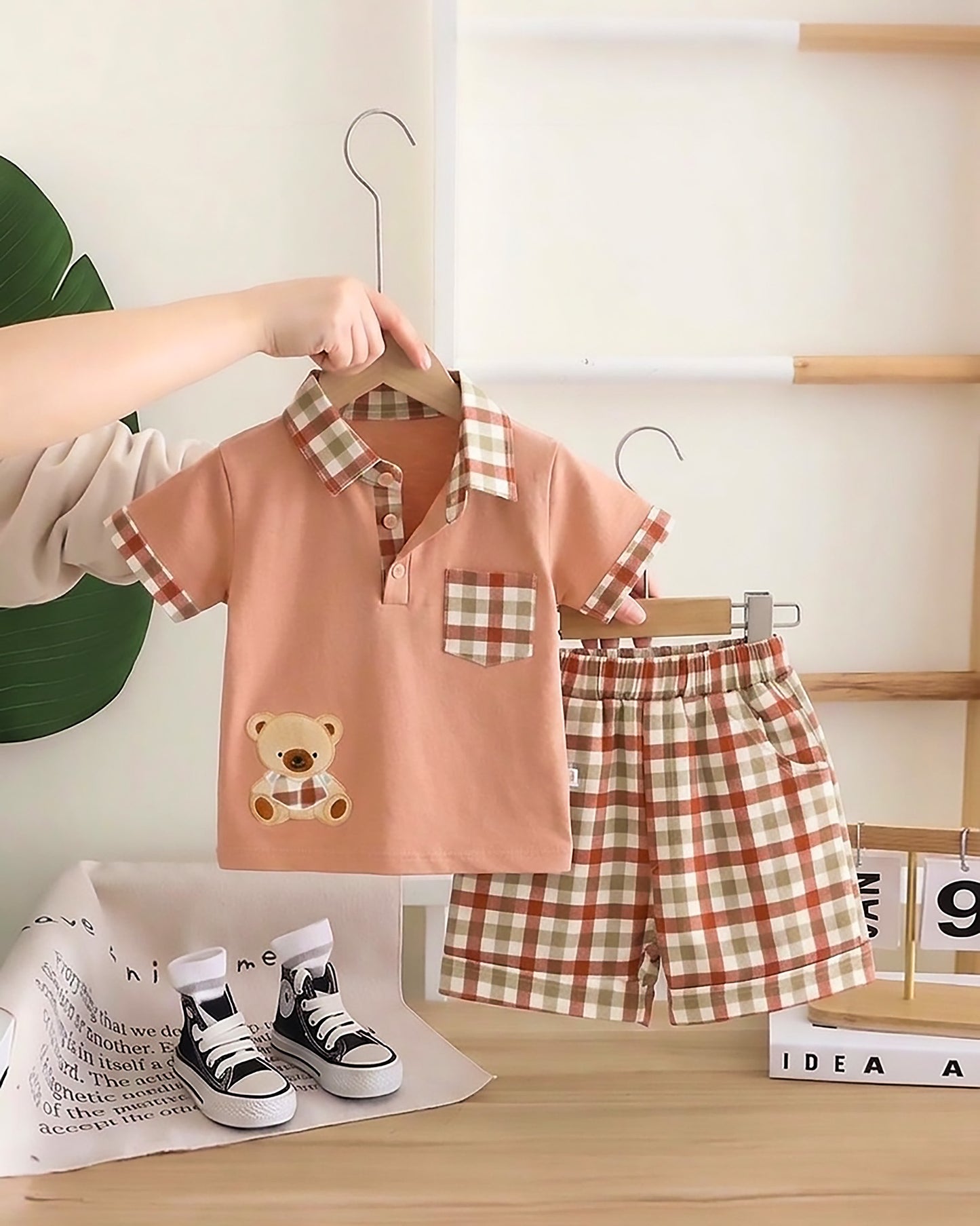 Check Textured Polo T-Shirt & Shorts Co-ord Set