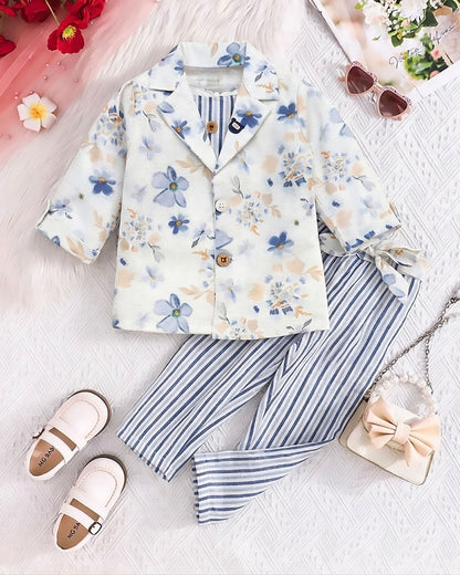 Formal Stripe Crop Top & Pants with Blazer Set