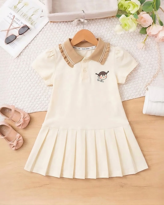 Girl Printed Tennis Flare Dress with Contrasting Collar